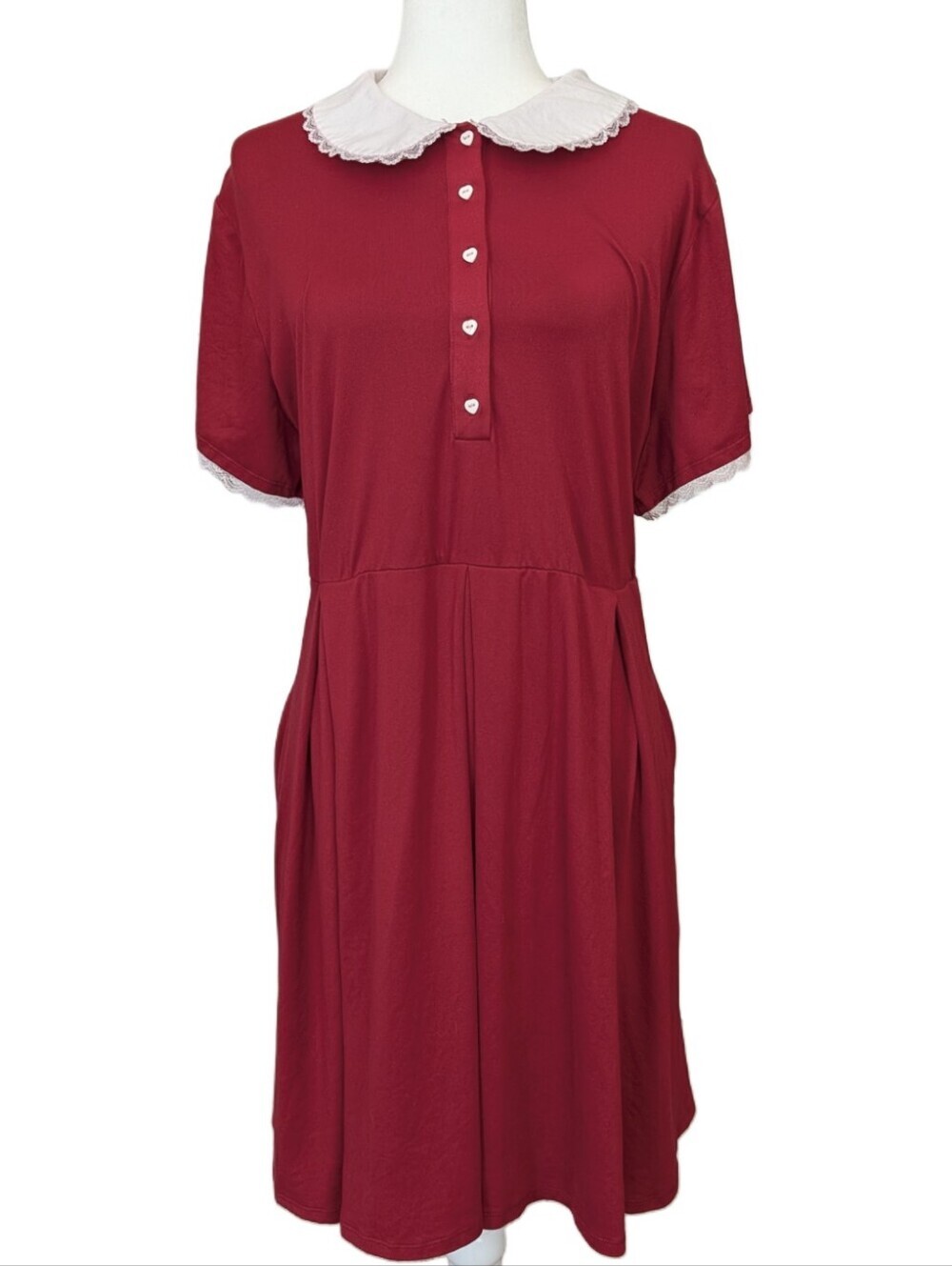 Hot Topic Womens Red White Lace Collar Sleeves Heart Button Mini Dress Size 2